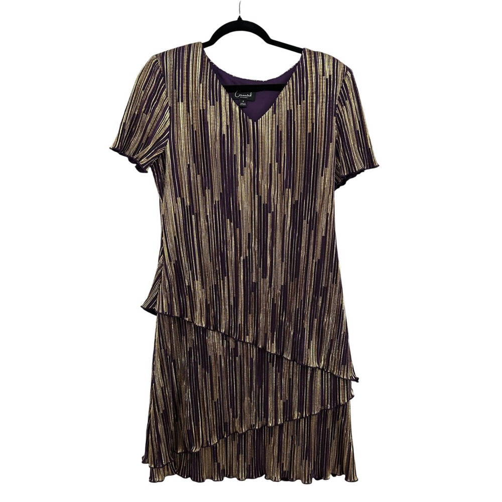 Connected‎ Apparel Dress Sz 6 Purple Gold Metallic Pleated Tiered Party